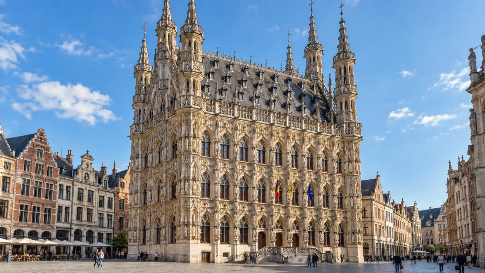 Tòa thị chính Leuven với mặt tiền kiến trúc Gothic trang trí nhiều tượng và các tháp nhỏ.