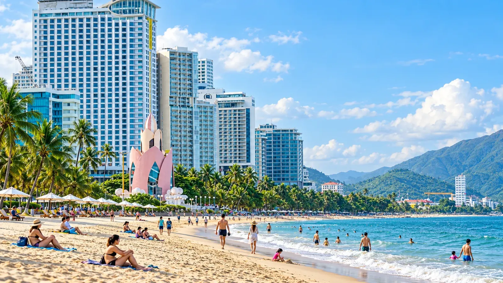 Toàn cảnh bờ biển Nha Trang uốn cong bên dãy khách sạn và núi phía xa