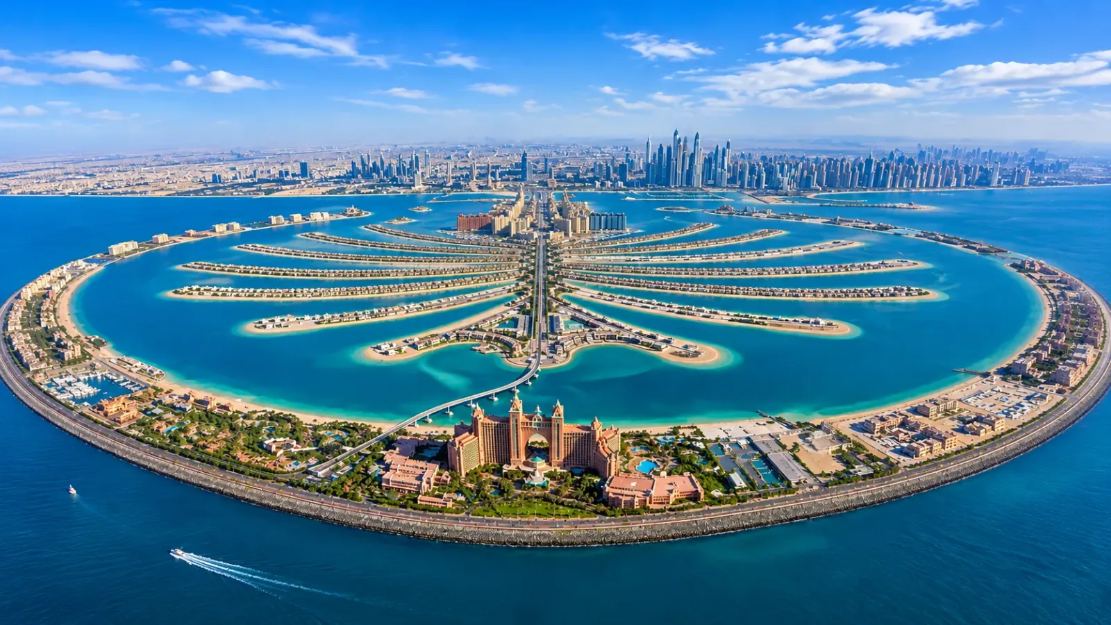 Toàn cảnh đảo nhân tạo Palm Jumeirah hình cây cọ nhìn từ trên cao tại Dubai