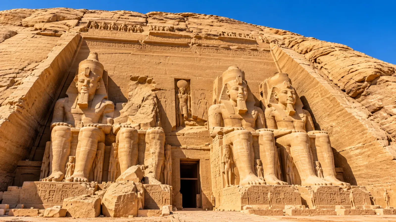 Toàn cảnh Đền Hatshepsut ở Deir el-Bahari, Luxor với ba tầng kiến trúc, hàng cột và vách núi đá phía sau.
