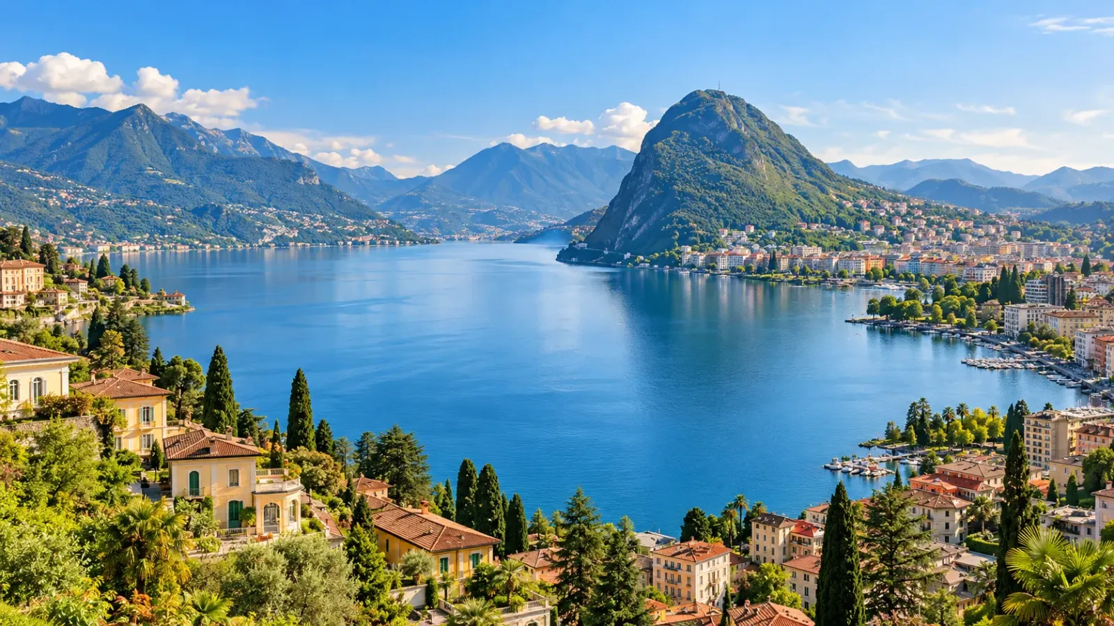Toàn cảnh hồ Lugano và những dãy nhà bên sườn núi tại bang Ticino Thụy Sĩ