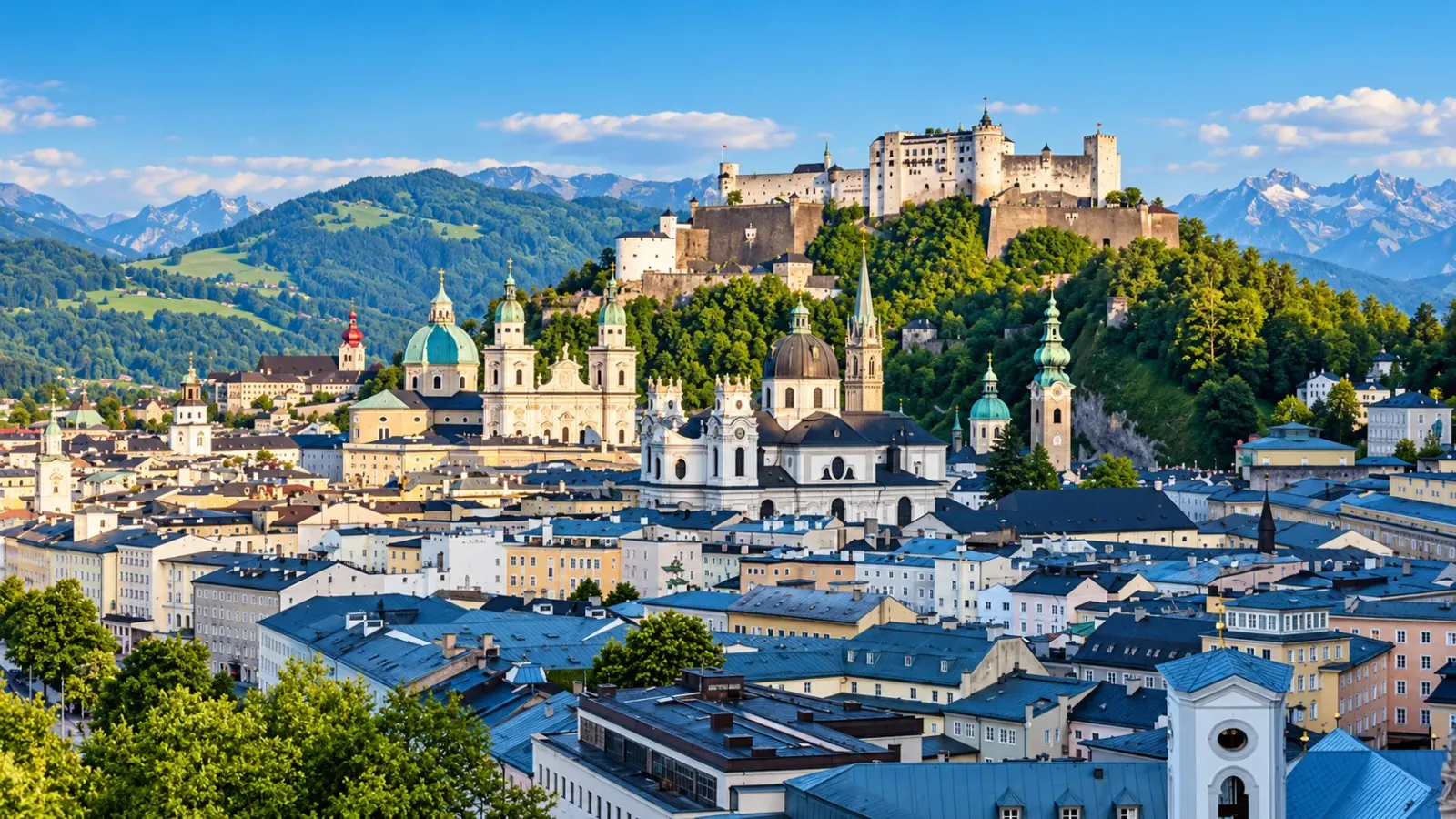Toàn cảnh khu phố cổ Salzburg và pháo đài Hohensalzburg nằm trên đồi cao tại nước Áo.