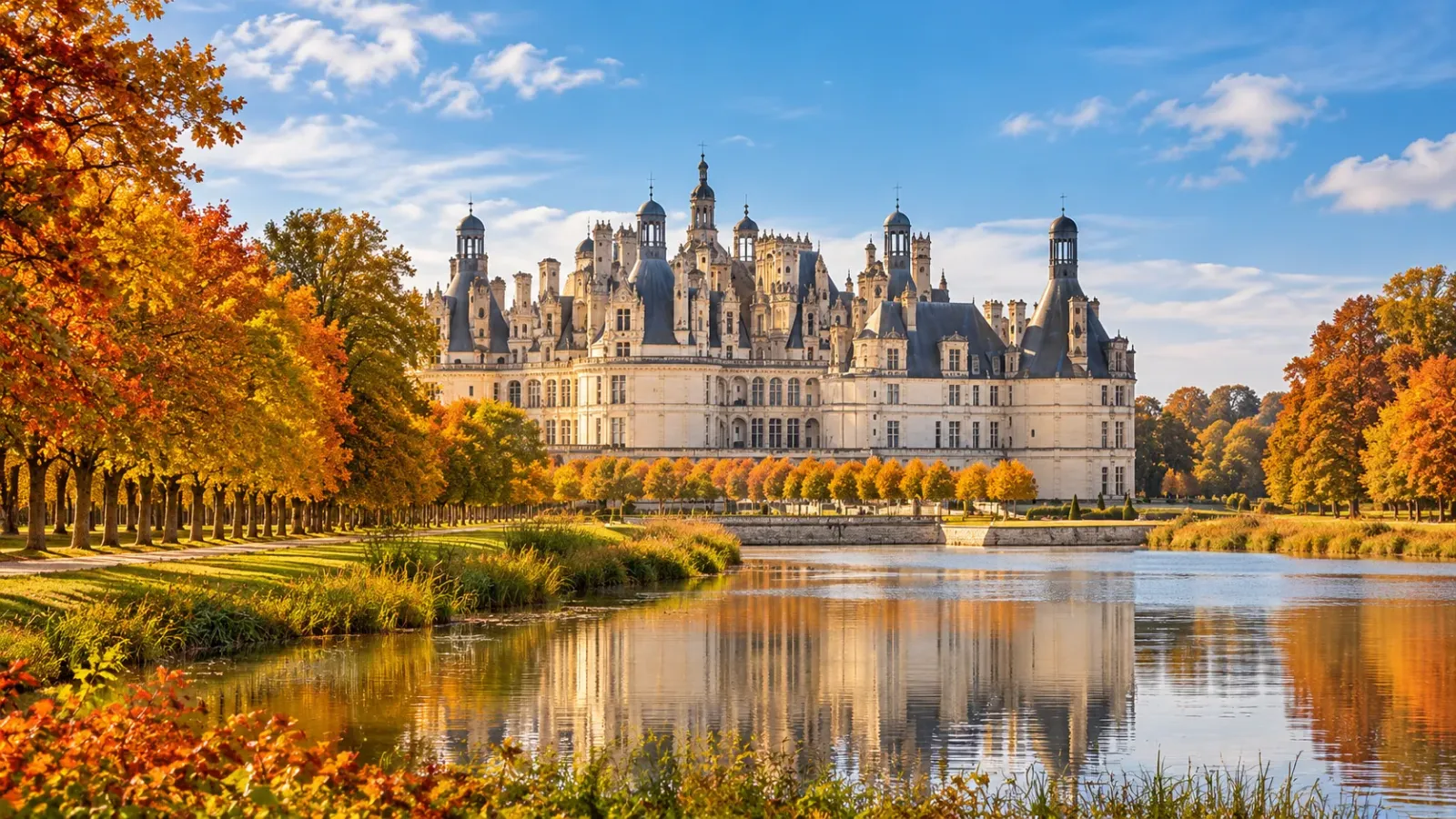 Toàn cảnh lâu đài Chambord tại thung lũng Loire với những hàng cây mang sắc thu