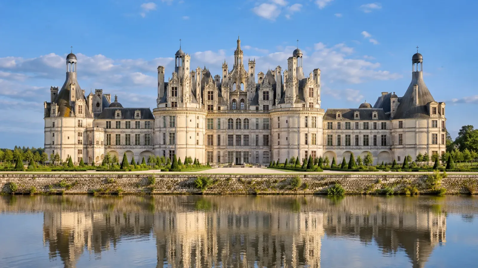 Toàn cảnh lâu đài Château de Chambord tại thung lũng Loire với nhiều tháp mái và kiến trúc Phục Hưng Pháp