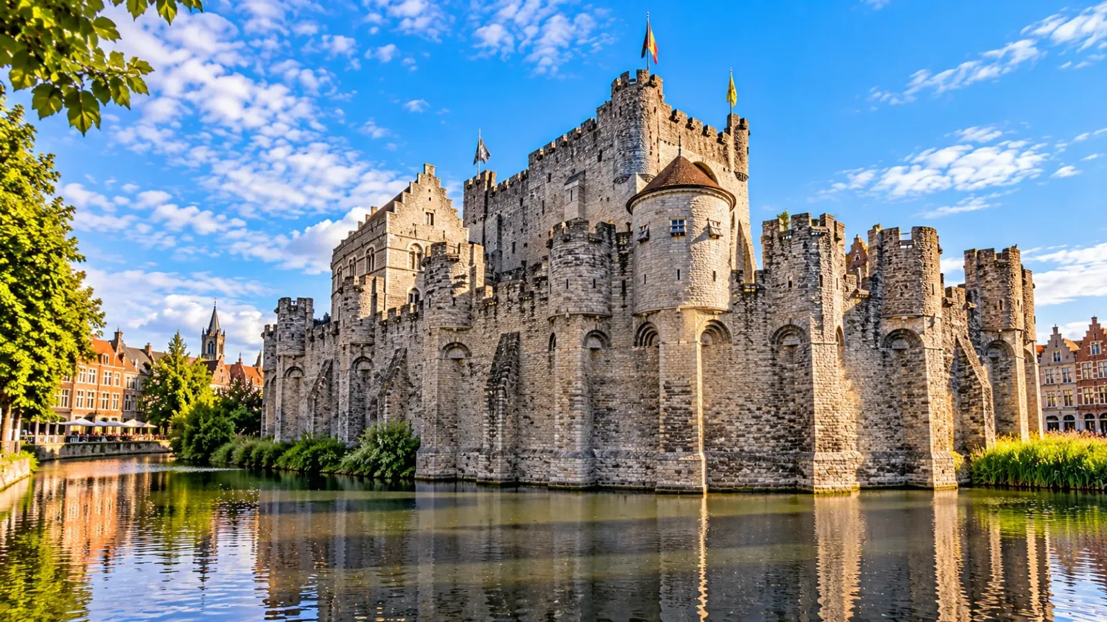 Toàn cảnh lâu đài Gravensteen với thành đá và tháp canh tại Ghent, Bỉ