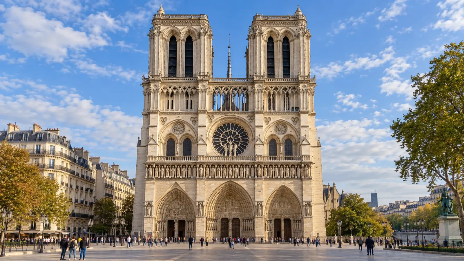 Toàn cảnh mặt tiền Nhà thờ Đức Bà Paris với hai tháp chuông bên quảng trường trên đảo Île de la Cité