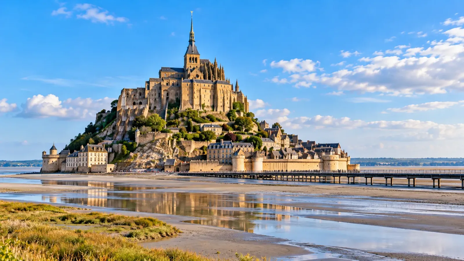 Toàn cảnh Mont-Saint-Michel tại Normandy với tu viện trên đảo đá và vùng vịnh chịu ảnh hưởng thủy triều.