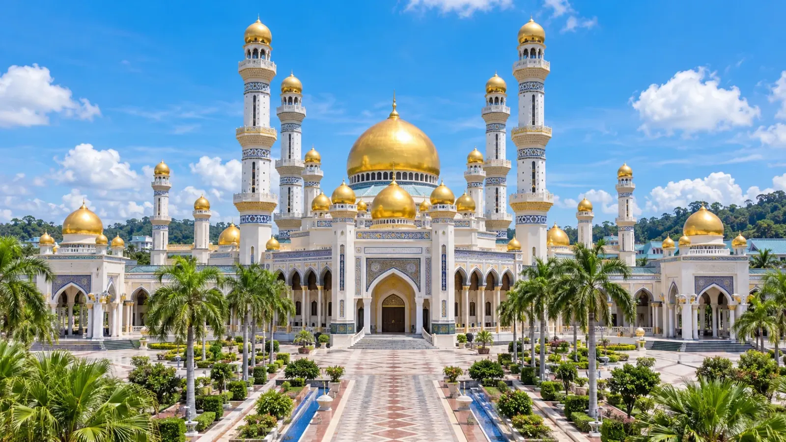 Toàn cảnh nhà thờ Jame Asr Hassanil Bolkiah với nhiều mái vòm vàng tại Bandar Seri Begawan