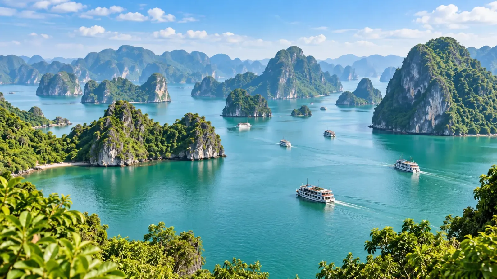 Toàn cảnh những đảo đá vôi và tàu tham quan trên Vịnh Hạ Long tại Quảng Ninh