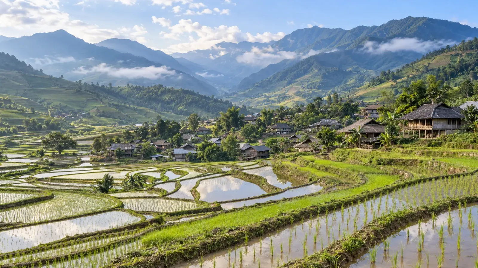 Toàn cảnh những thửa ruộng bậc thang ngập nước xen các dải mạ xanh trên sườn núi vùng Tây Bắc
