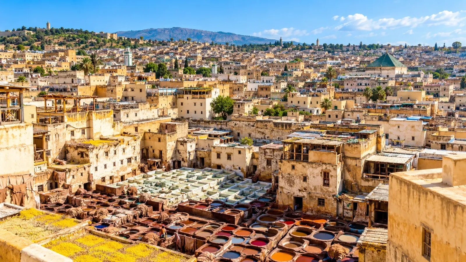 Toàn cảnh khu phố cổ Fes el-Bali với kiến trúc và những mái nhà truyền thống tại Maroc