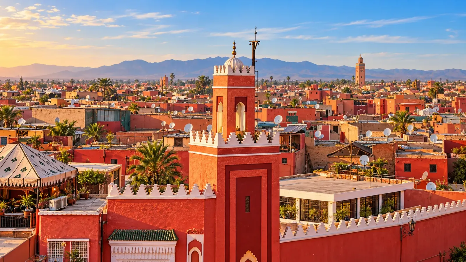 Toàn cảnh khu phố cổ Marrakech với kiến trúc truyền thống đặc trưng của Maroc