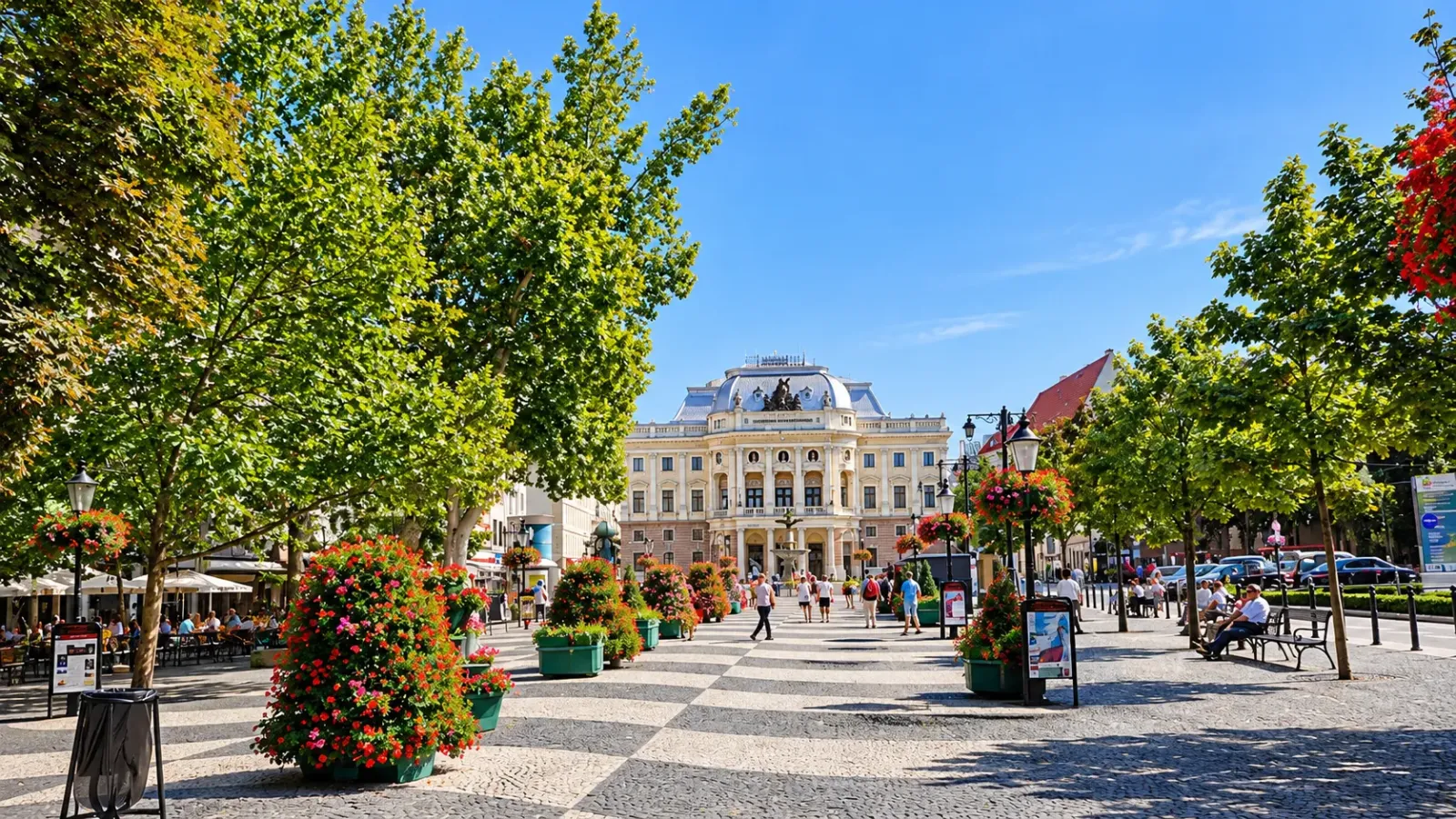 Toàn cảnh Quảng trường Hviezdoslav với lối đi bộ và hàng cây xanh tại Bratislava, Slovakia