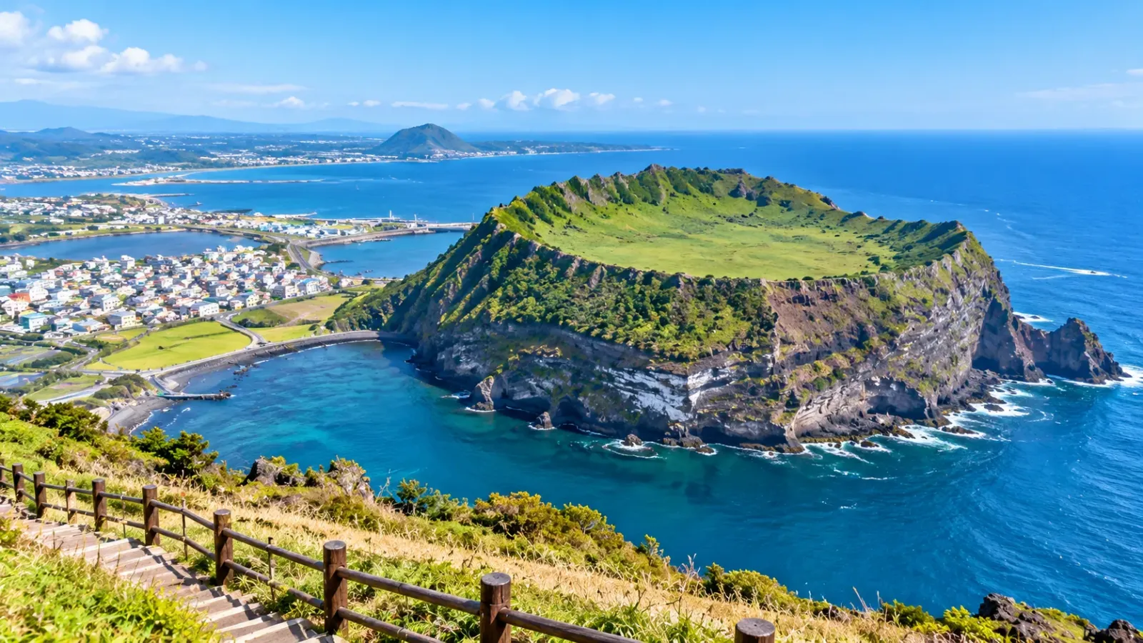 Toàn cảnh Seongsan Ilchulbong với miệng núi lửa và vùng biển xanh trên đảo Jeju Hàn Quốc.