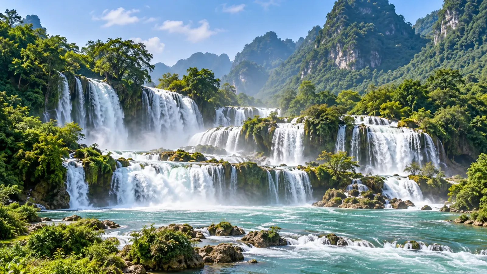 Toàn cảnh thác Bản Giốc ở Cao Bằng với dòng nước trắng đổ qua nhiều tầng đá giữa núi rừng