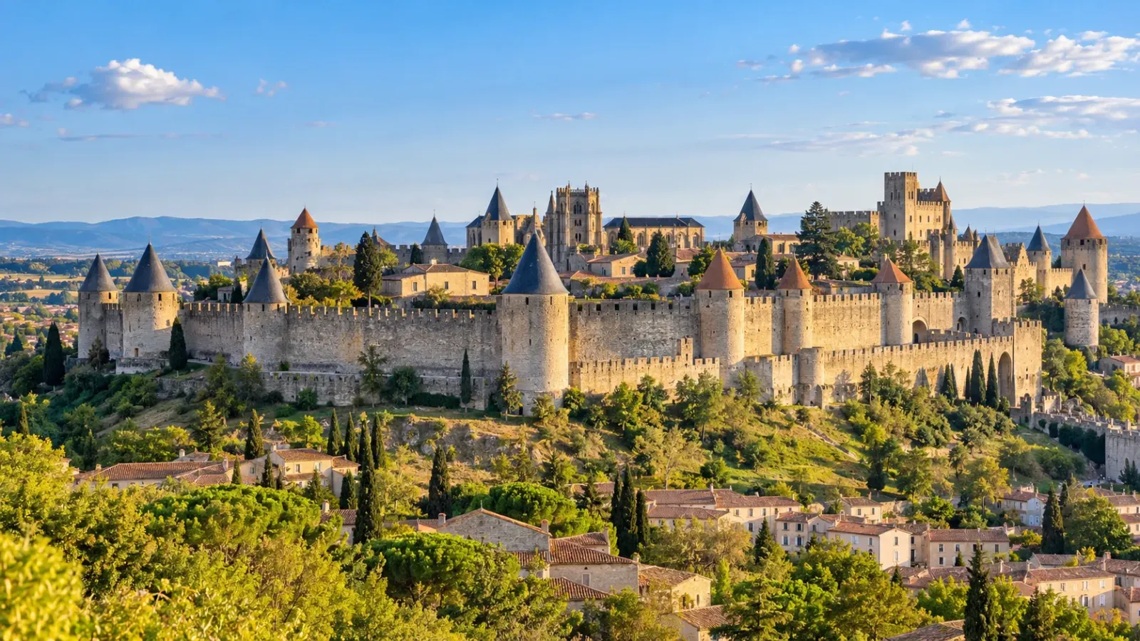 Toàn cảnh thành cổ Carcassonne tại Pháp với các bức tường thành, tháp canh và những mái nhà cổ.