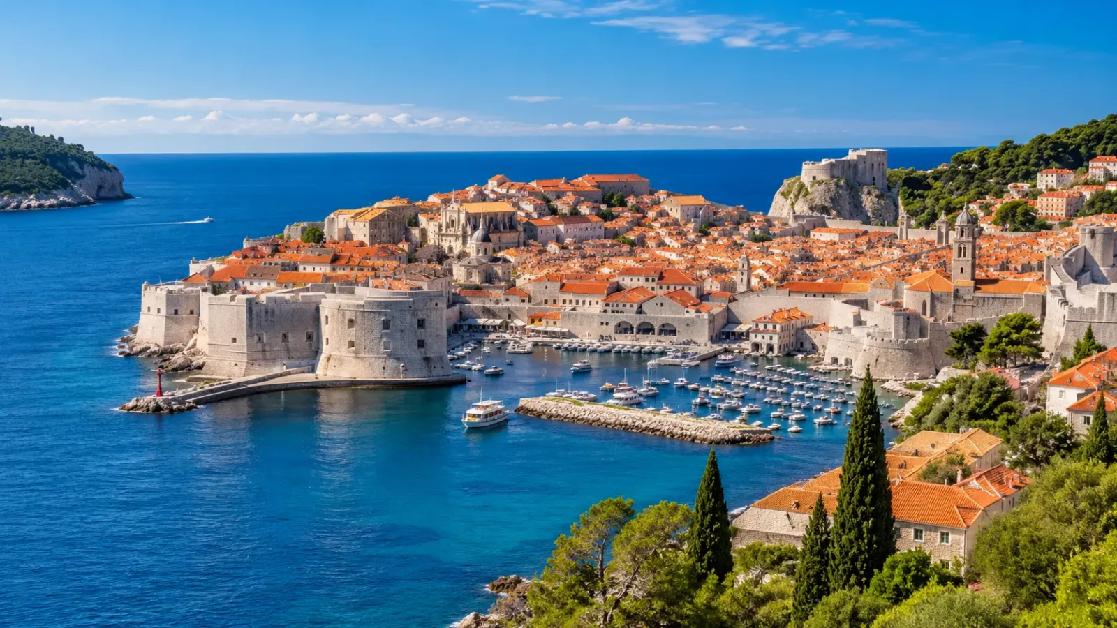 Toàn cảnh thành phố cổ Dubrovnik tại Croatia với mái ngói đỏ, tường thành đá và biển Adriatic xanh phía xa.