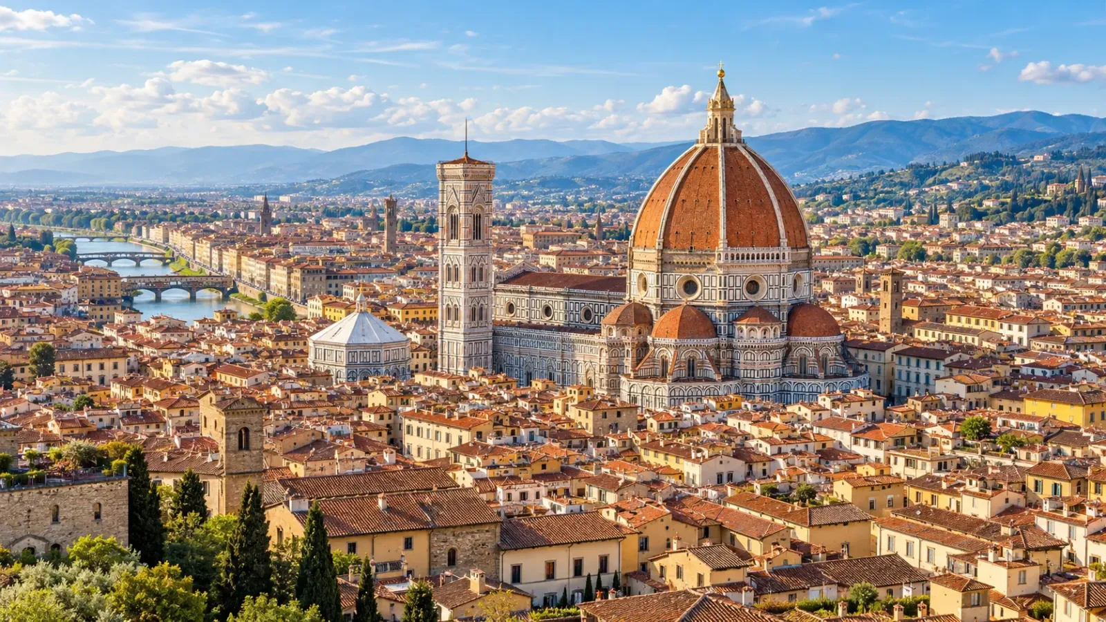 Toàn cảnh thành phố Florence bên sông Arno với mái vòm nhà thờ Santa Maria del Fiore và các mái nhà cổ