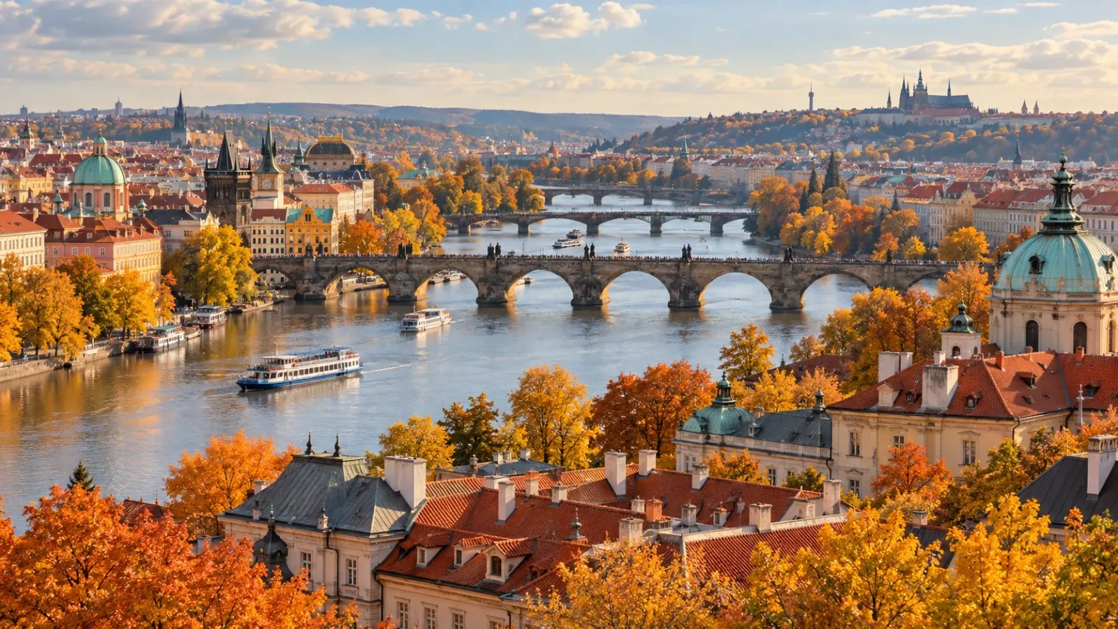 Toàn cảnh thành phố Prague bên sông Vltava với những hàng cây chuyển màu vào mùa thu