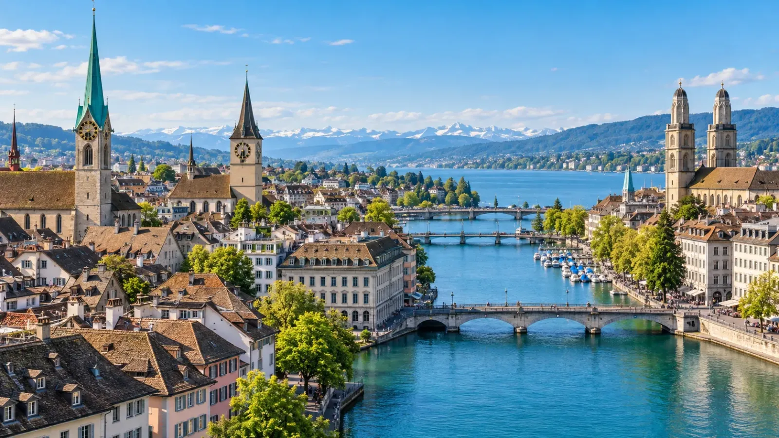 Toàn cảnh thành phố Zurich với các công trình cổ, sông Limmat và mặt nước xanh dưới ánh nắng.