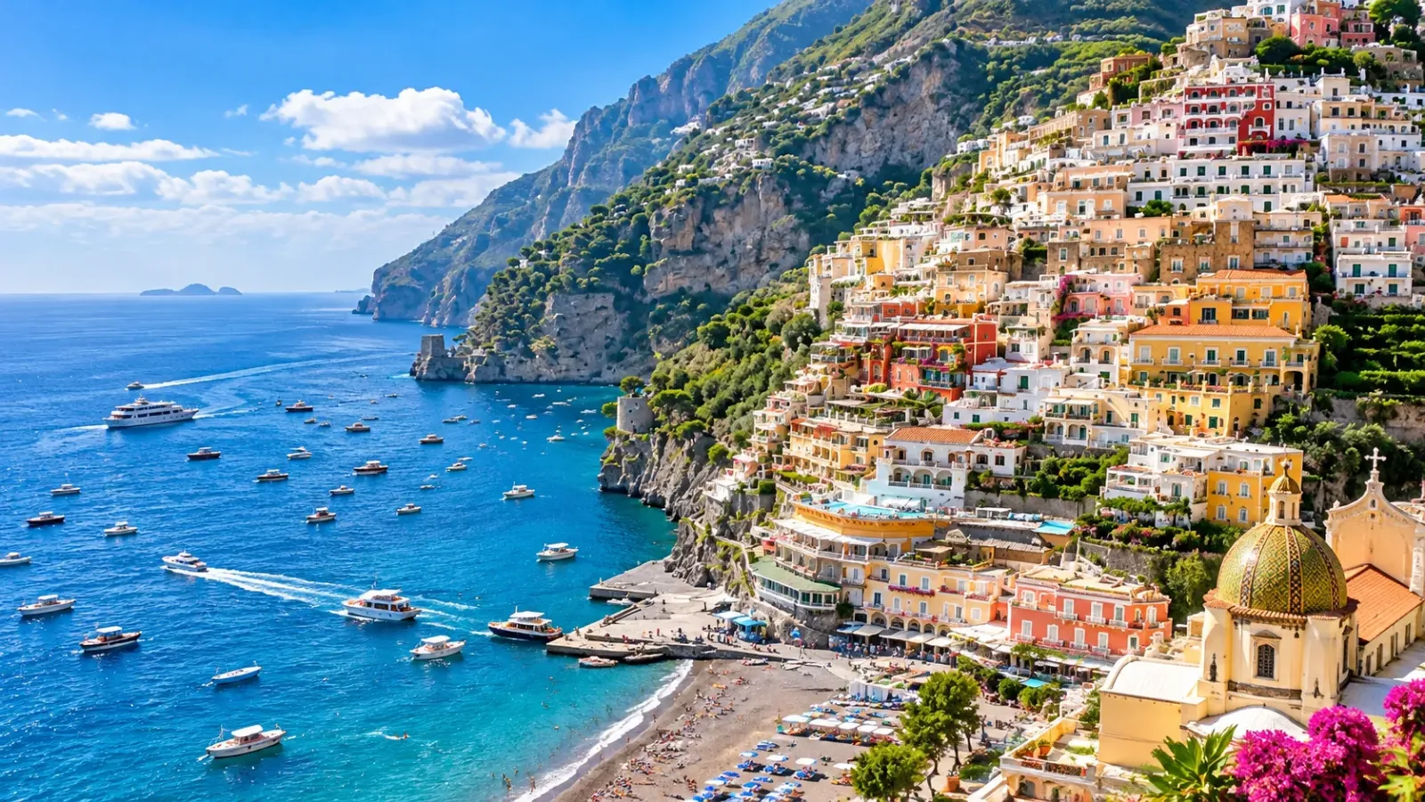 Toàn cảnh thị trấn Positano với những ngôi nhà nhiều màu trên sườn đồi và bãi biển phía dưới