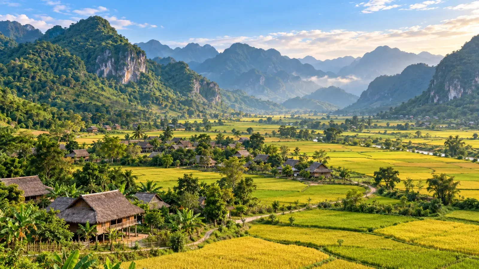Toàn cảnh thung lũng Mai Châu với đồng lúa và những bản làng miền núi