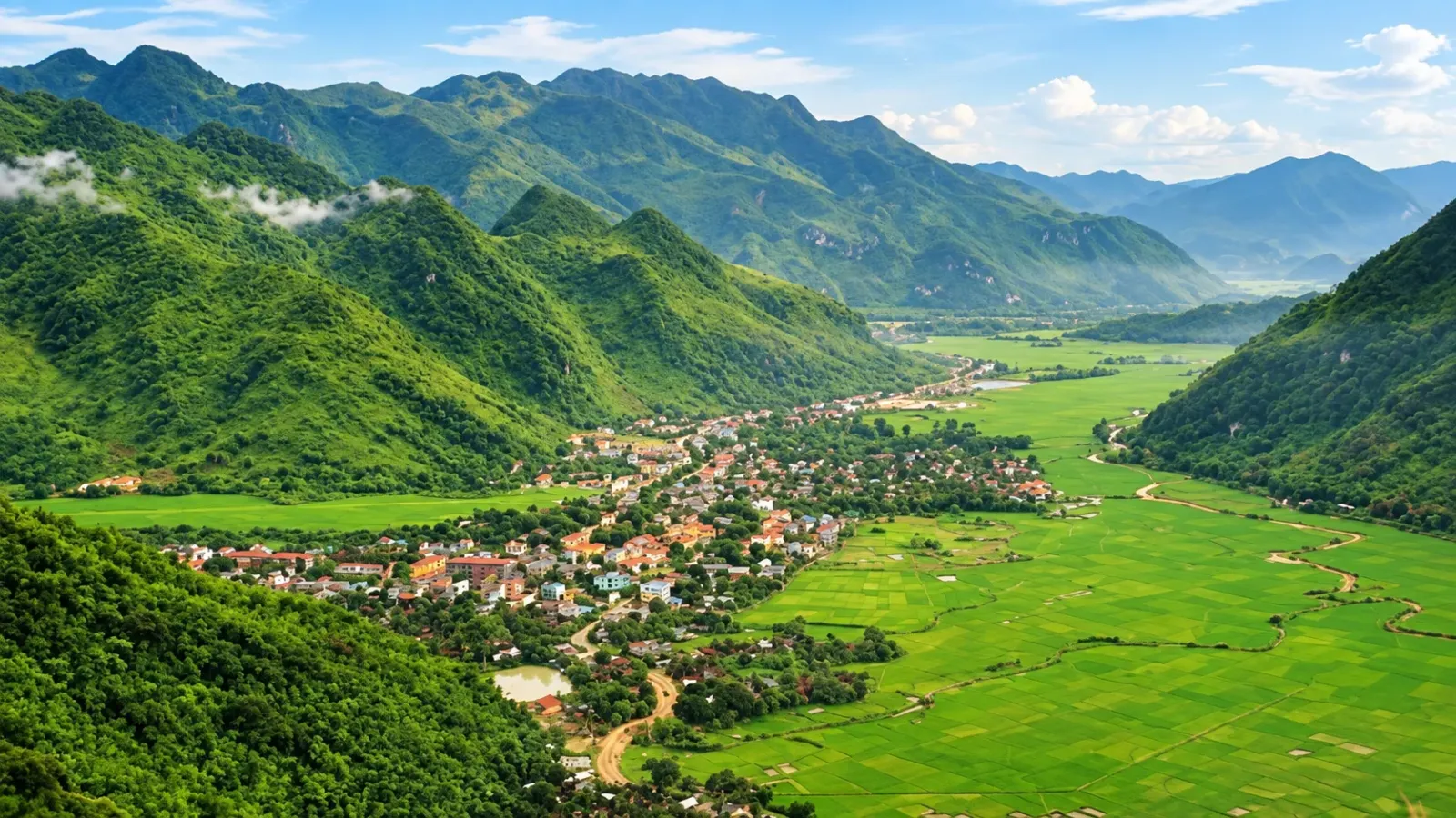 Toàn cảnh thung lũng Mai Châu với ruộng lúa và bản làng dưới chân núi