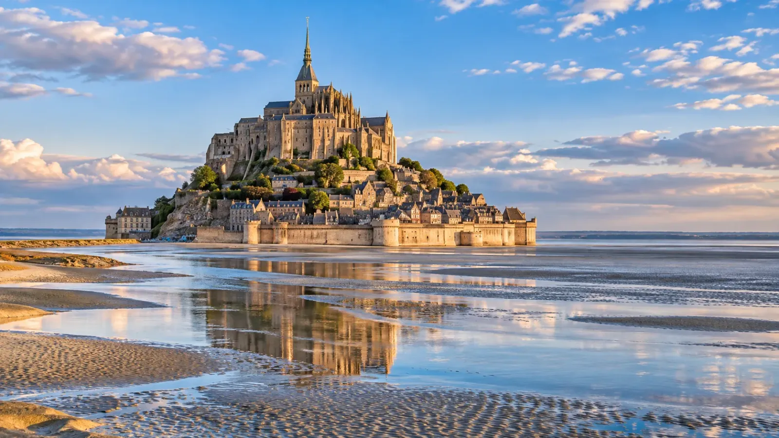 Toàn cảnh tu viện Mont Saint-Michel trên đỉnh đảo đá giữa vùng vịnh Normandy của Pháp