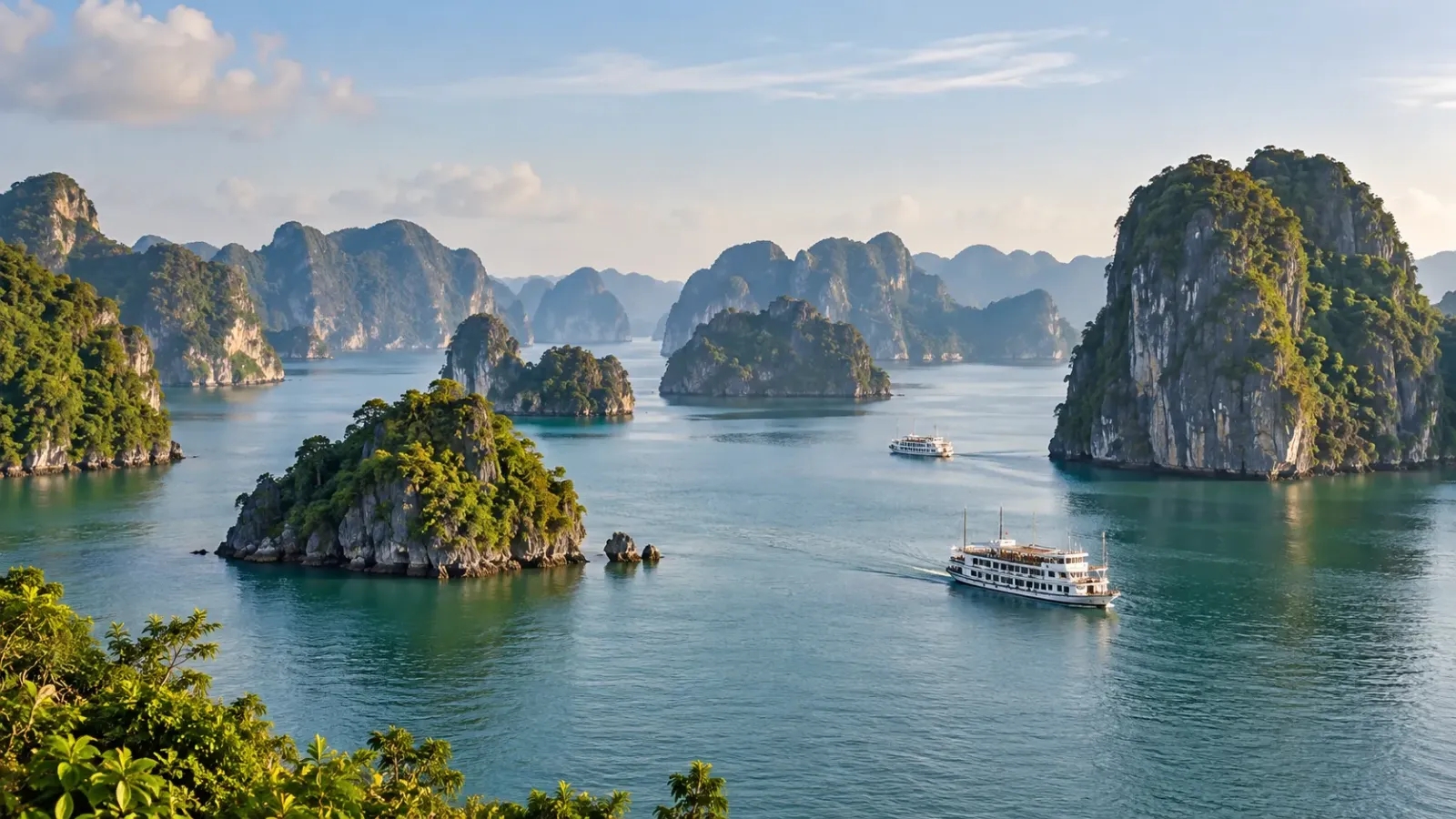 Toàn cảnh Vịnh Hạ Long với các đảo đá vôi nhô lên giữa mặt biển và tàu du lịch