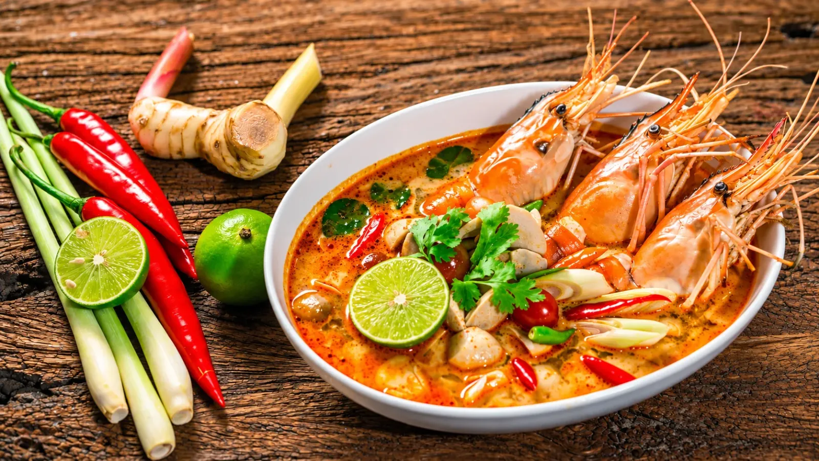Tôm nguyên con trong nồi nước dùng kiểu Tom Yum với rau và gia vị Thái Lan