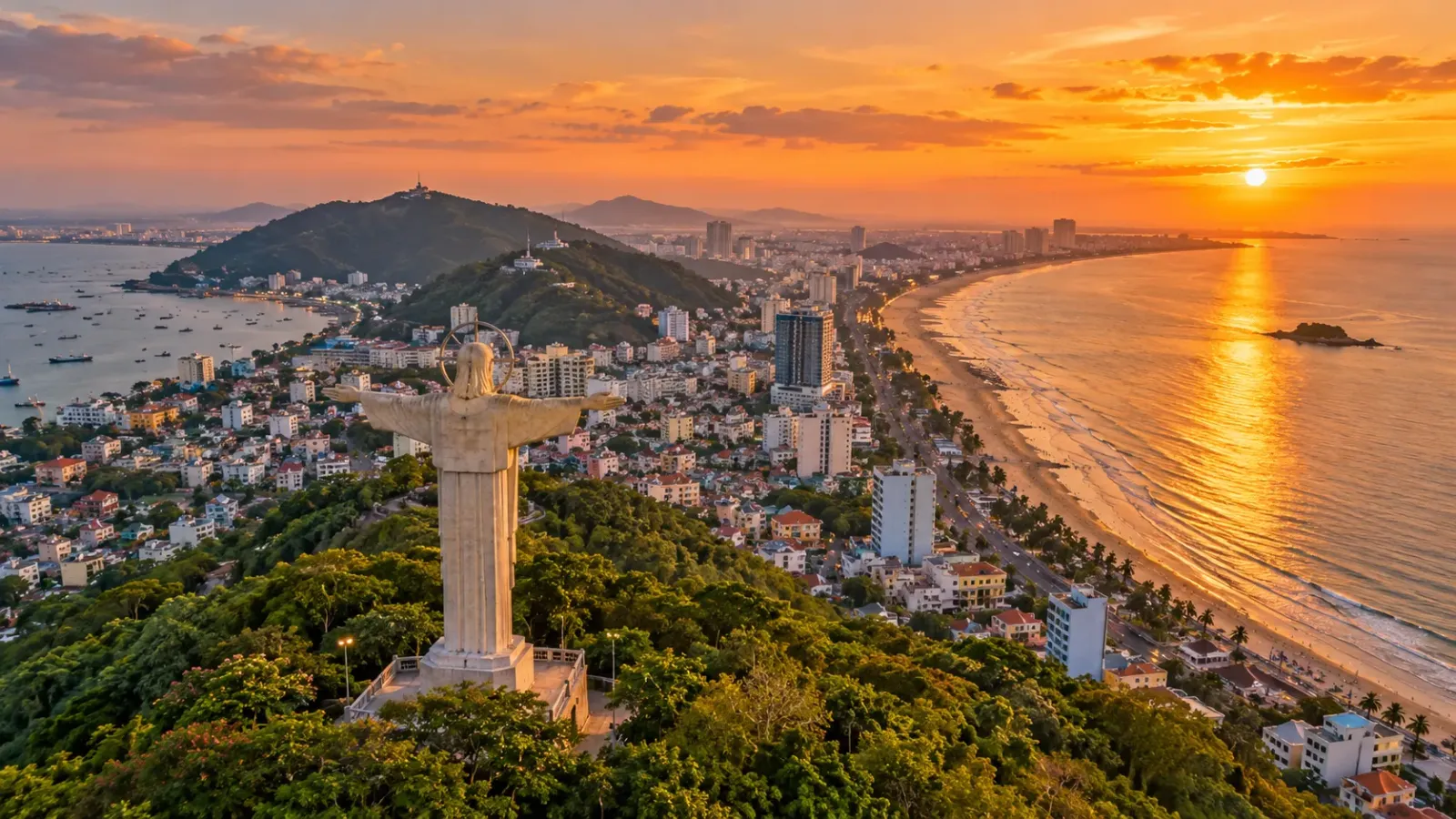 Tượng Chúa Kitô Vua trên núi Nhỏ nhìn xuống khu đô thị và bờ biển Vũng Tàu lúc hoàng hôn.