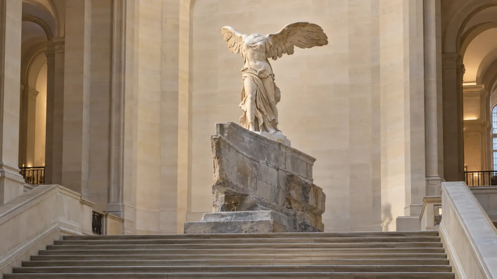 Tượng Nữ thần Chiến thắng Samothrace với đôi cánh mở rộng trên bệ hình mũi thuyền tại Bảo tàng Louvre.