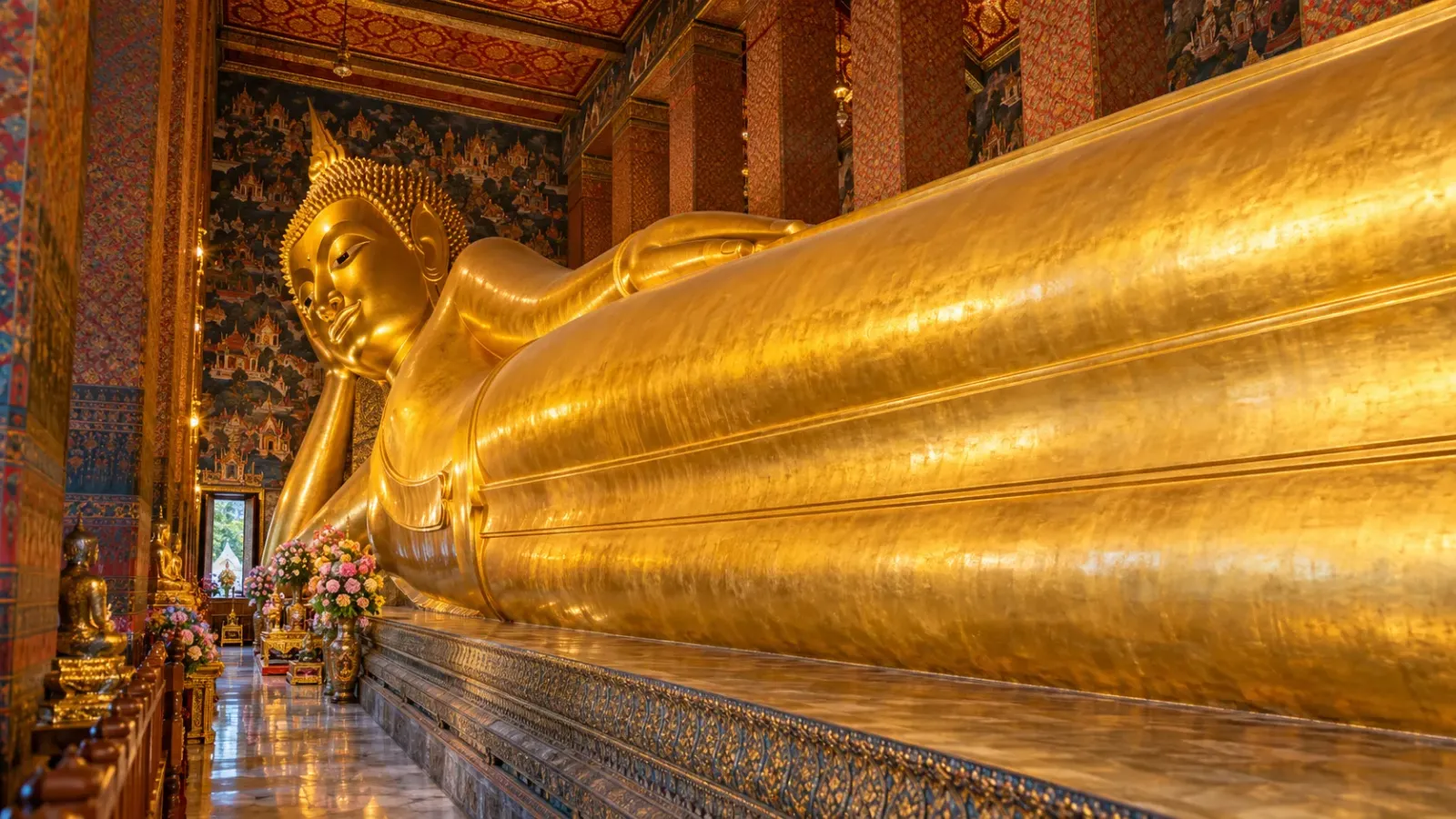 Tượng Phật Nằm phủ vàng bên trong điện thờ Wat Pho tại Bangkok, Thái Lan.