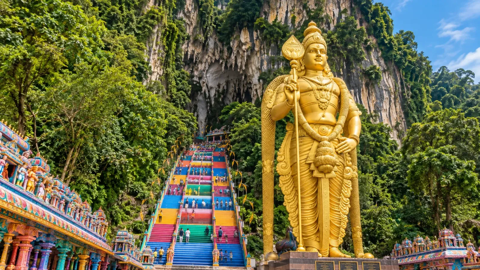 Tượng thần Murugan và cầu thang 272 bậc nhiều màu sắc tại Batu Caves Malaysia