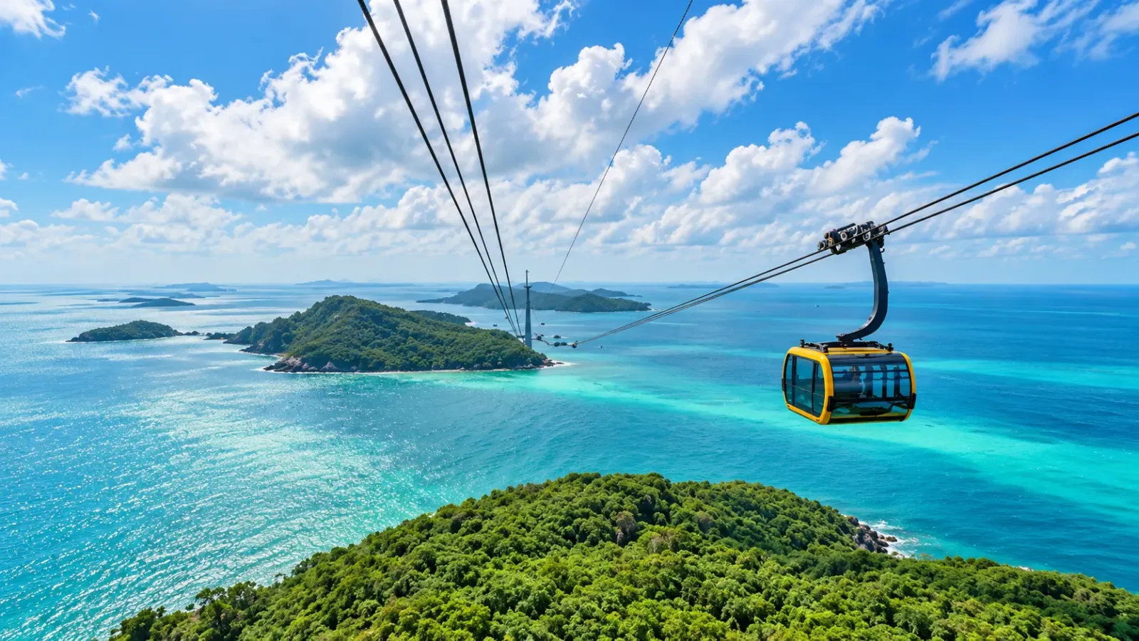 Tuyến cáp treo Hòn Thơm vượt biển với các cabin phía trên vùng biển và đảo nhỏ tại Phú Quốc