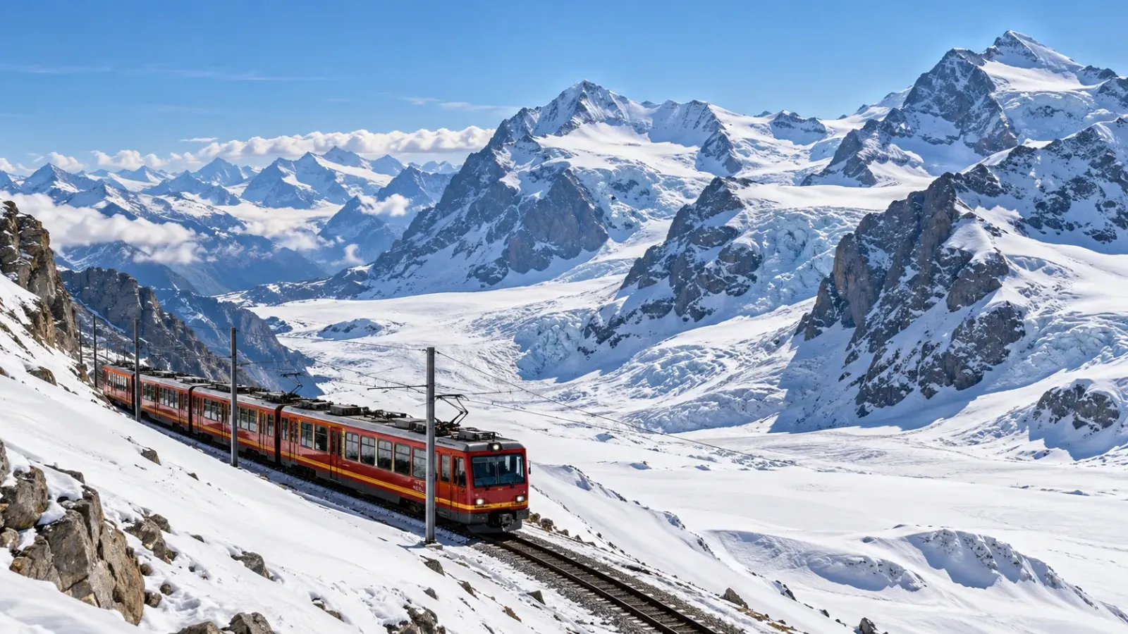 Tuyến đường sắt Jungfrau Railway giữa cảnh quan núi tuyết vùng Jungfraujoch tại Thụy Sĩ.