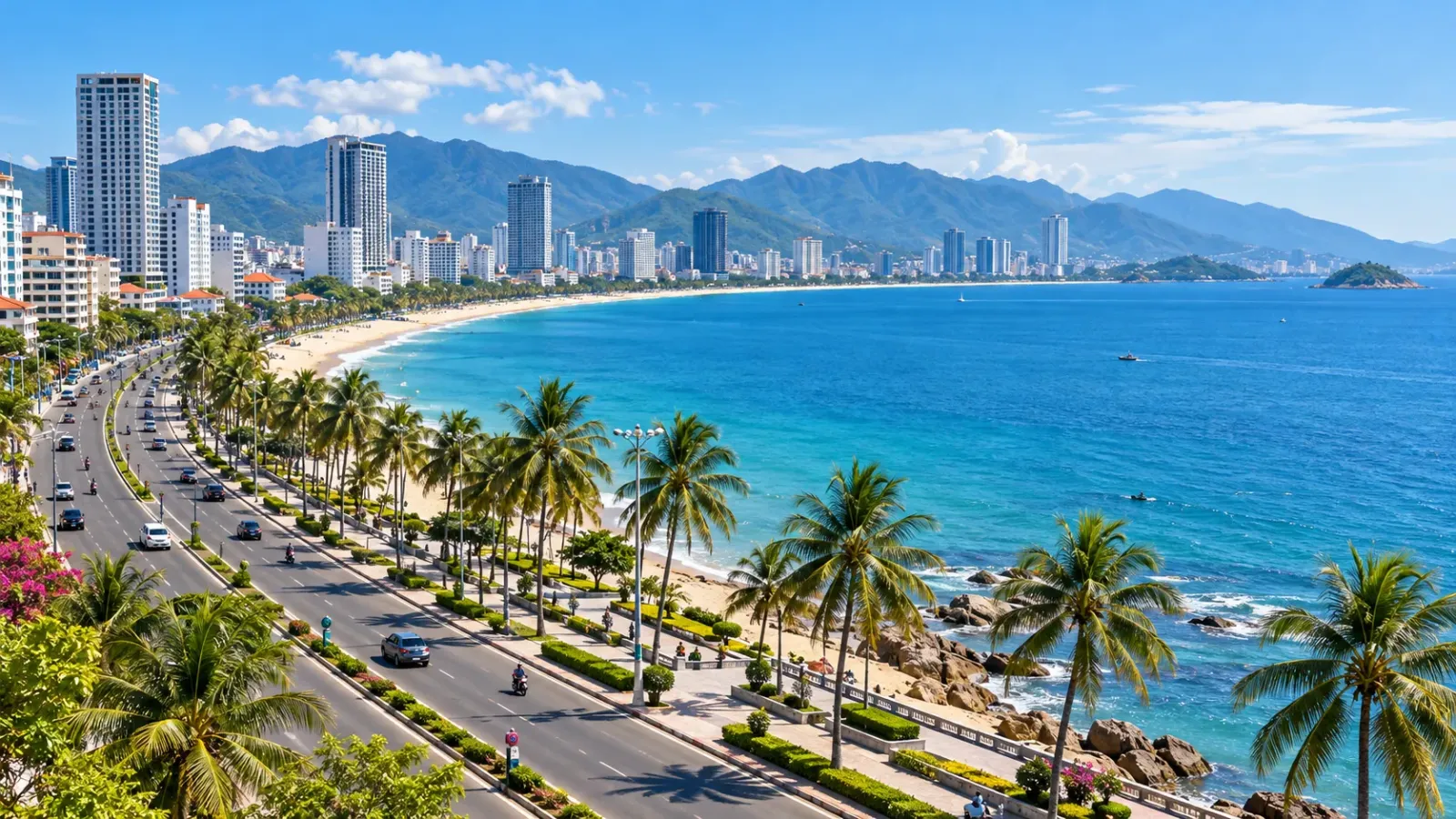 Tuyến đường ven biển Nha Trang với cảnh quan hướng về khu vực đô thị