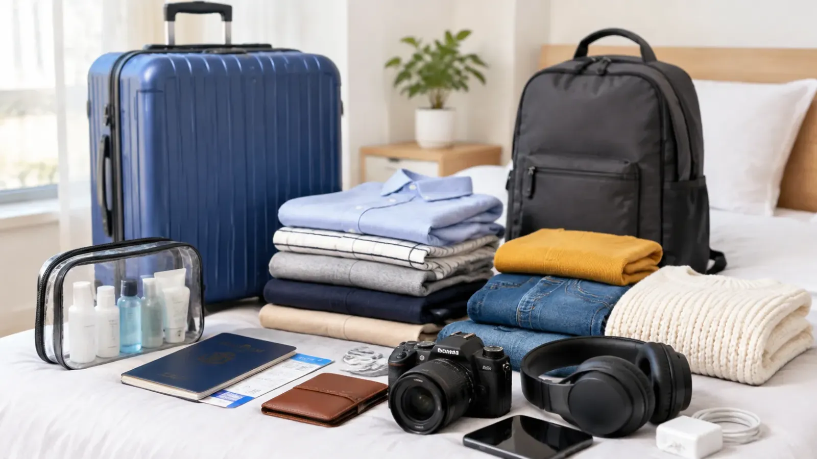 Vali ký gửi và túi hành lý xách tay được sắp xếp riêng với quần áo, giấy tờ và thiết bị du lịch