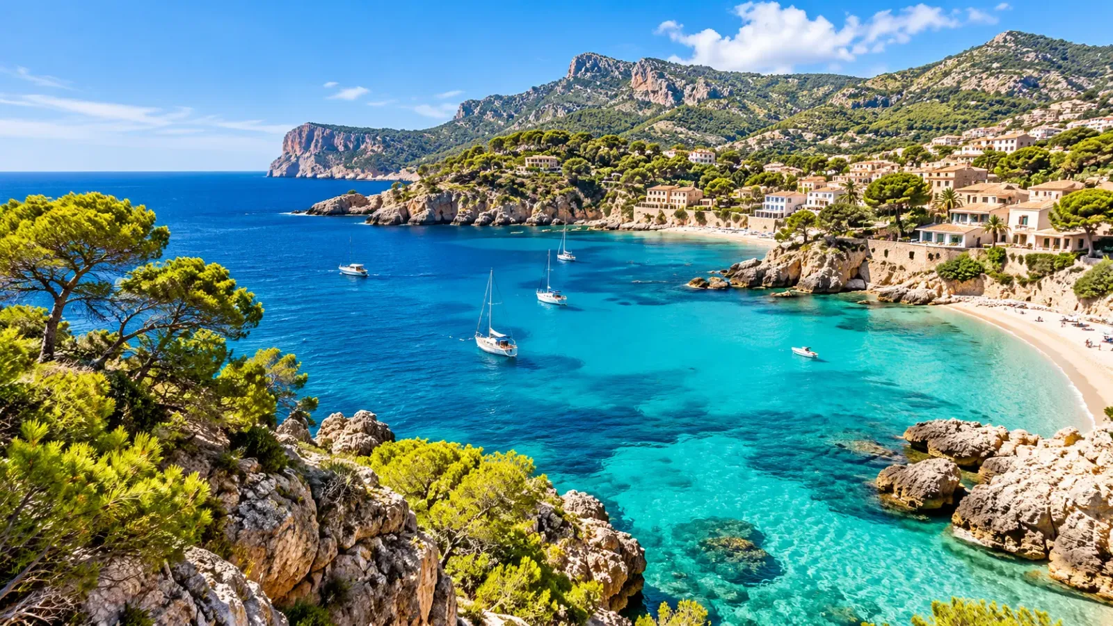 Vịnh biển nước xanh bên các vách đá và cảnh quan thiên nhiên trên đảo Mallorca Tây Ban Nha 