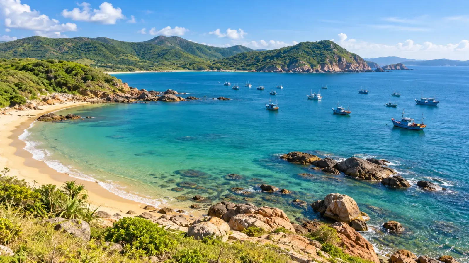 Vịnh biển với bãi cát nhỏ, các mỏm đá ven bờ và nhiều tàu thuyền trên mặt nước phía xa