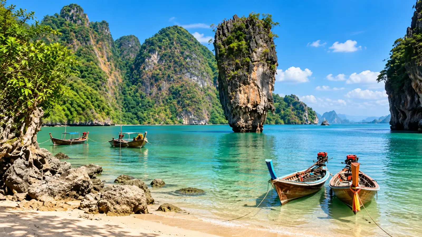 Vịnh biển xanh có núi đá vôi và thuyền gỗ tại vùng biển Andaman Thái Lan