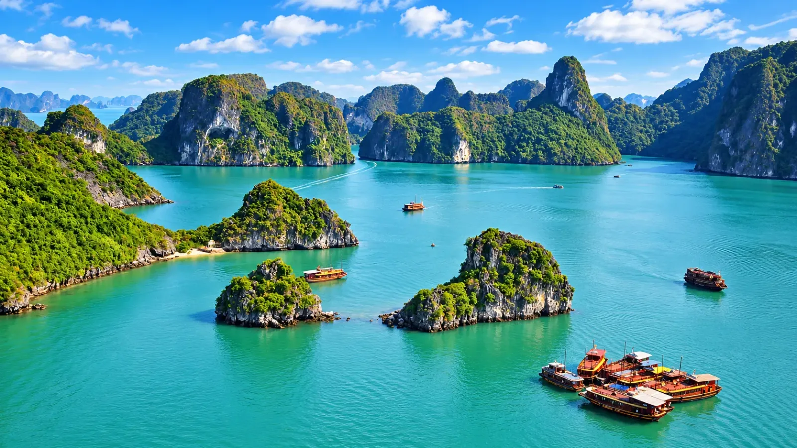 Vịnh Hạ Long tại Quảng Ninh với những đảo đá vôi nhô lên giữa mặt biển