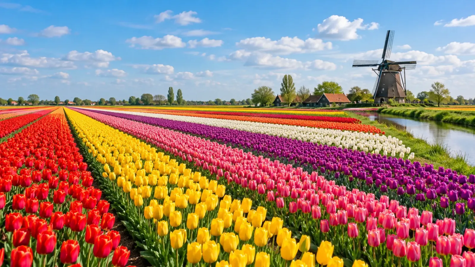 Vườn hoa tulip nhiều màu sắc trong mùa xuân tại Hà Lan