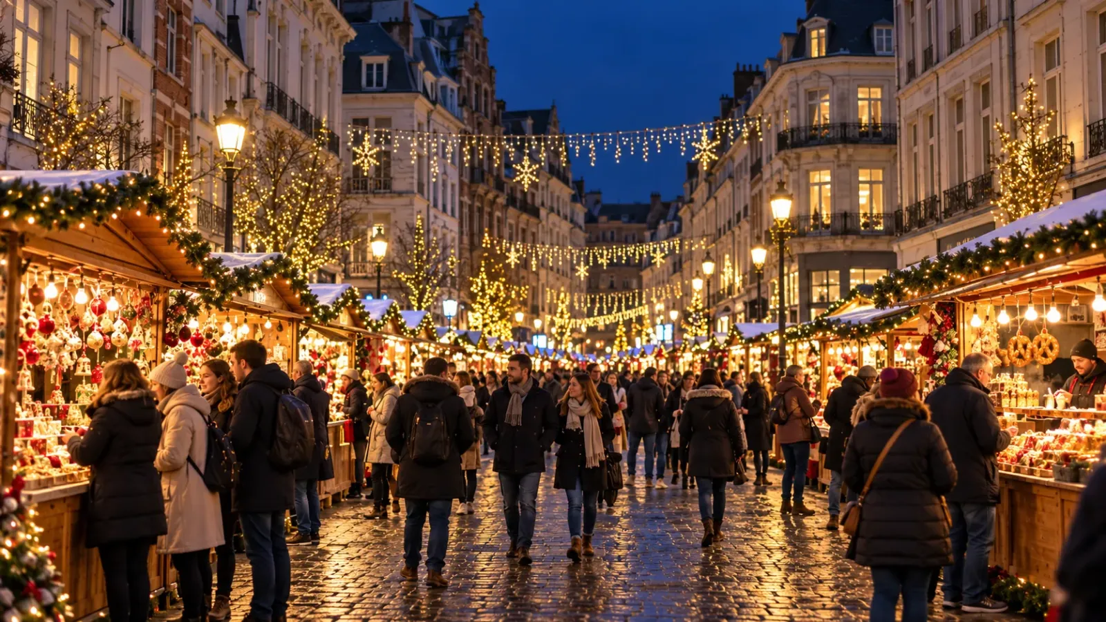 Winter Wonders Brussels với các gian hàng Noel và không khí lễ hội ở trung tâm thành phố