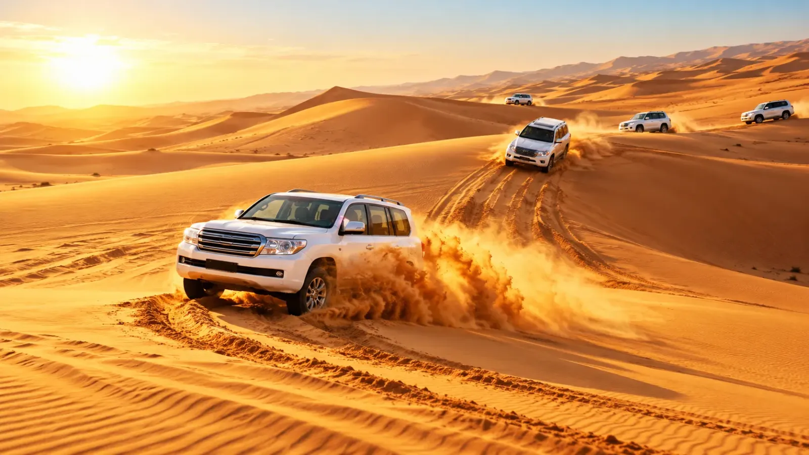 Xe địa hình di chuyển trên những cồn cát trong trải nghiệm Safari sa mạc Dubai.