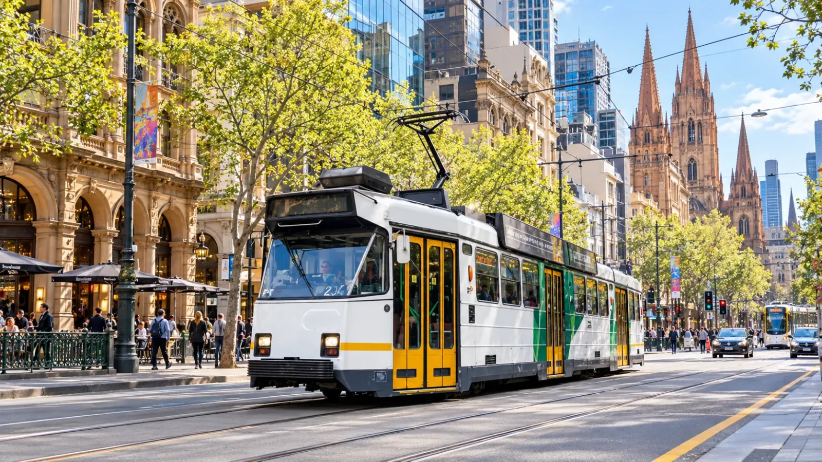 Xe điện tram di chuyển trên đường phố trung tâm Melbourne tại Úc