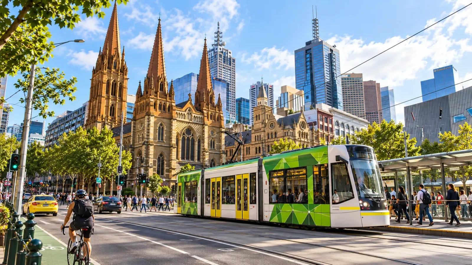 Xe điện tram trên đường phố Melbourne với các công trình kiến trúc đô thị tại Úc