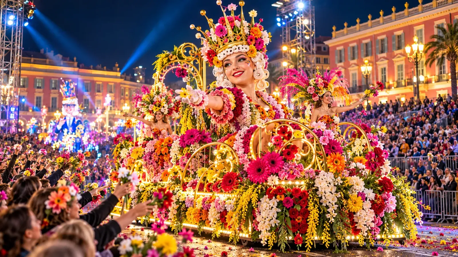 Xe hoa trang trí rực rỡ trong cuộc diễu hành Bataille de Fleurs tại Carnaval de Nice