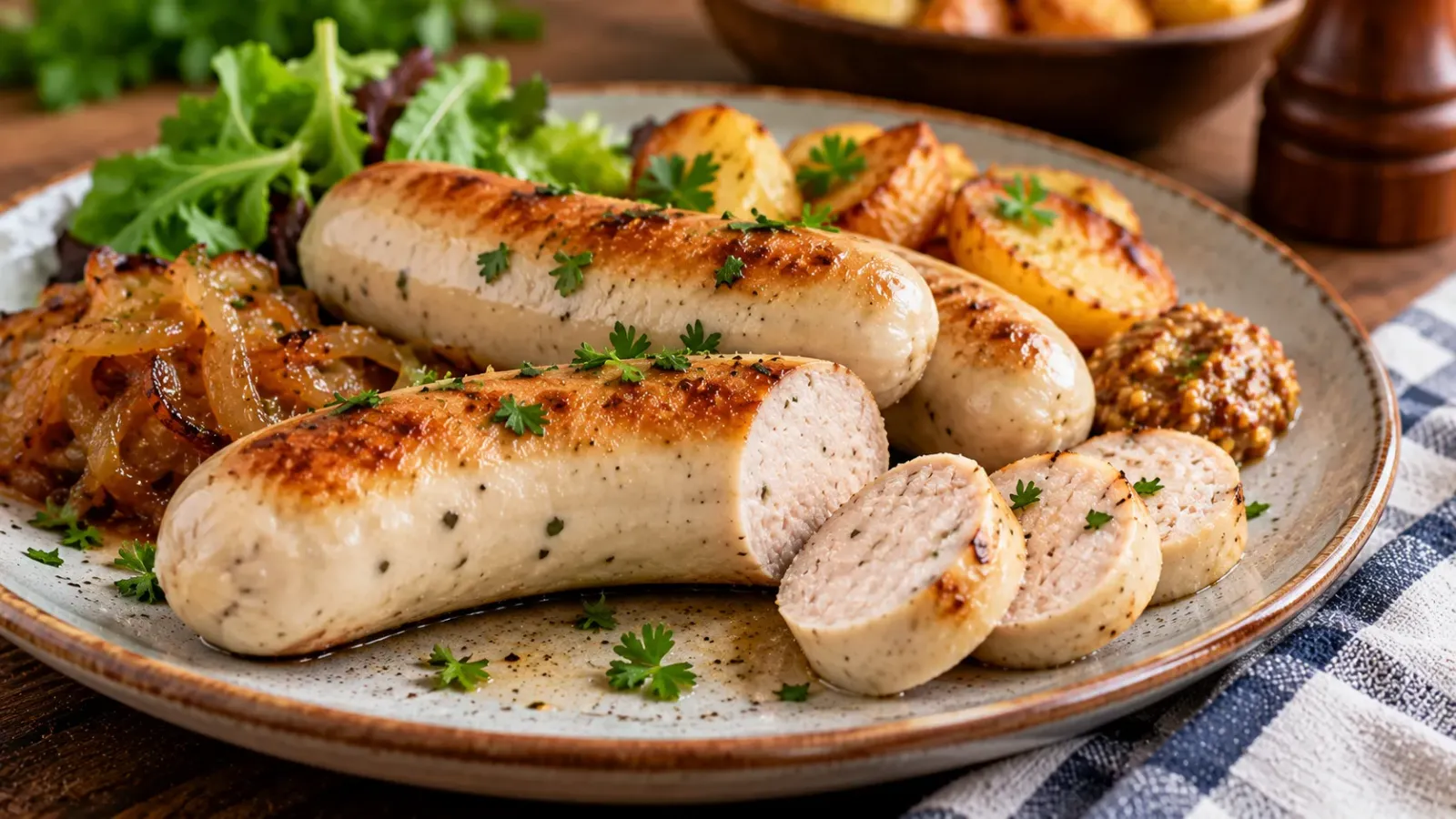 Xúc xích trắng Boudin Blanc với màu sáng đặc trưng.