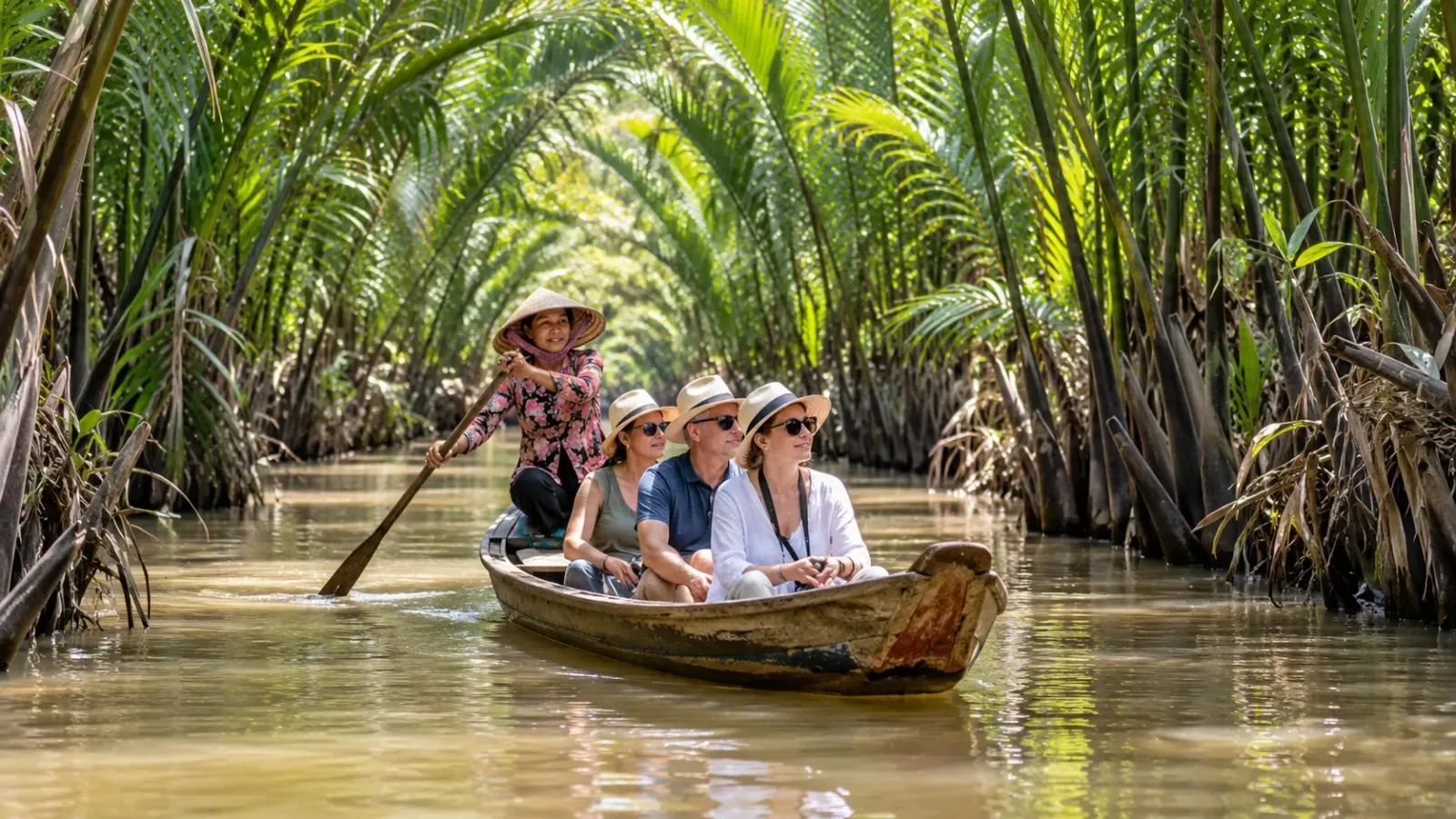 Xuồng ba lá đưa du khách qua rạch dừa nước tại cồn Thới Sơn trên sông Tiền
